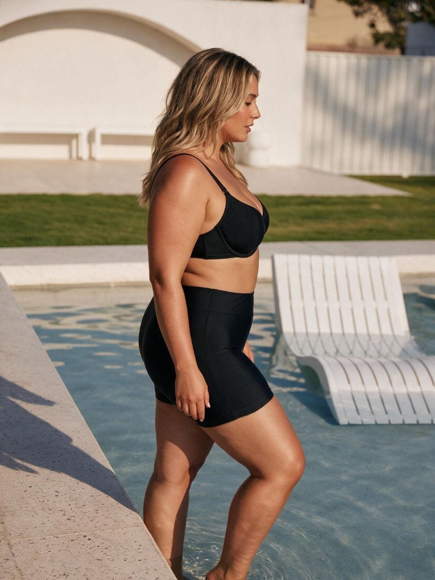 A woman wearing a black two-piece swimwear set consisting of a sports bra and high-waisted shapewear briefs, standing by a swimming pool in a sunny outdoor setting.