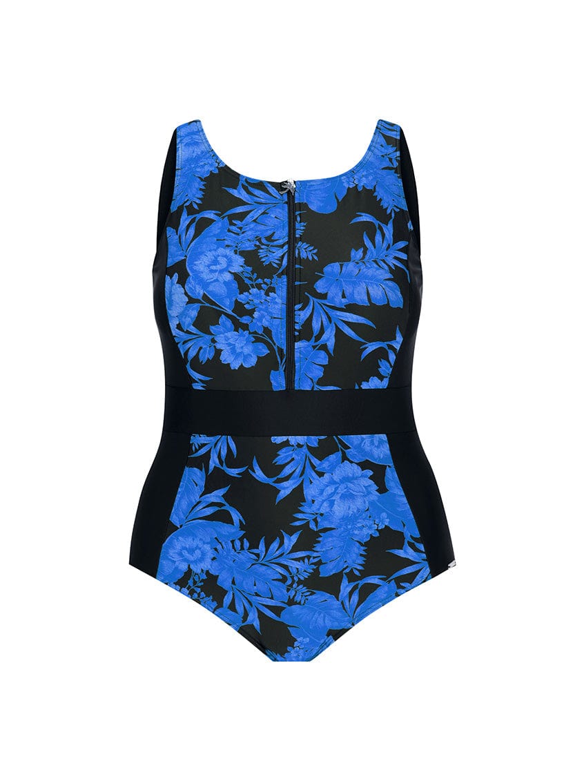 blue and black floral sleeveless zip up swimsuit