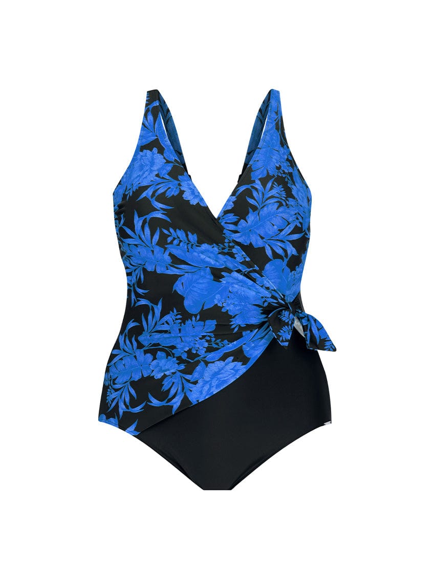 blue and black floral crossover swimsuit