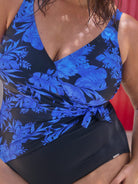 close up of blue floral crossover swimsuit