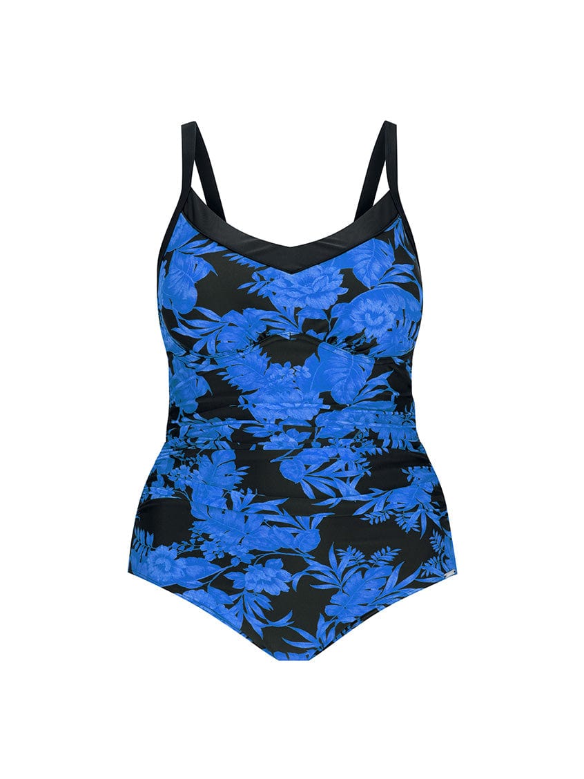 blue and black floral underwire women's swimsuit