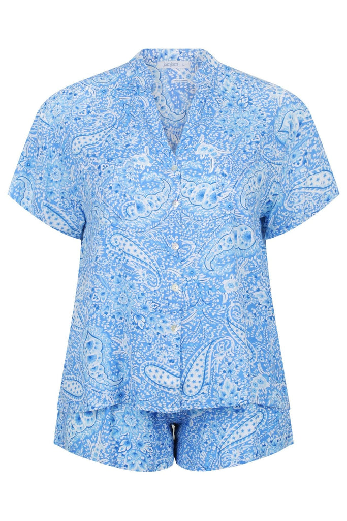 ghost mannequin of blue and white paisley pyjama set