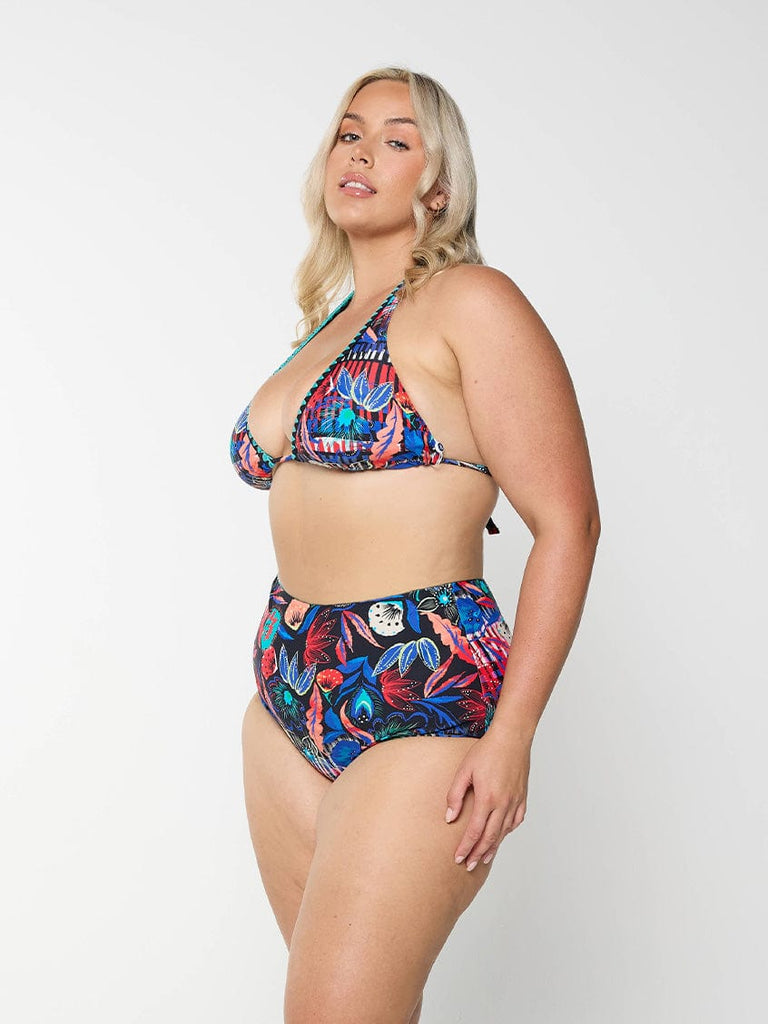 model showing side of bright multi-coloured bikini