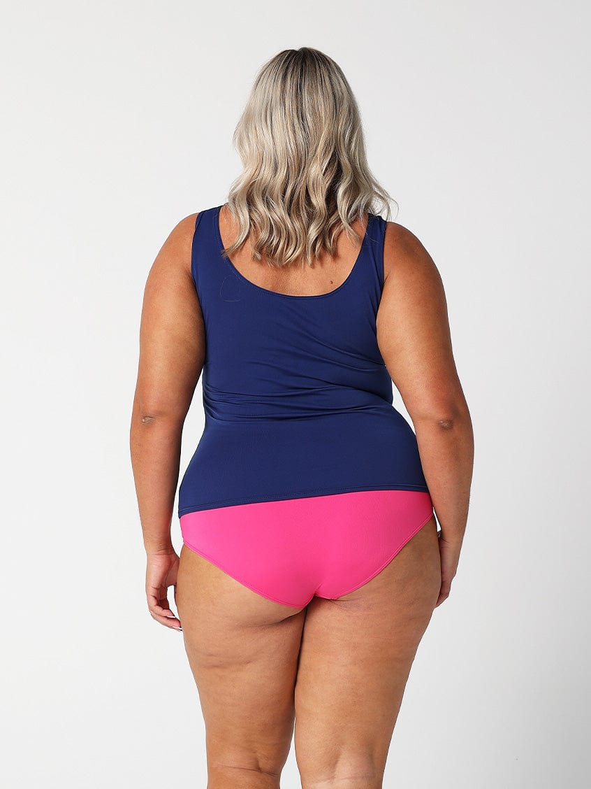 model showing back of pink full coverage bikini pant