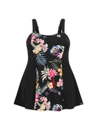 ghost mannequin of pool proof wide strap swim dress in black floral print