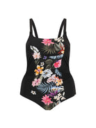 Ghost mannequin of women's chlorine resistant one piece swimsuit black floral