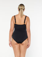model showing back of black chlorine resistant one piece swimsuit