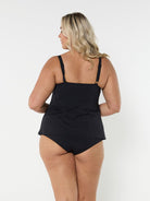 model showing back of black tank tankini top