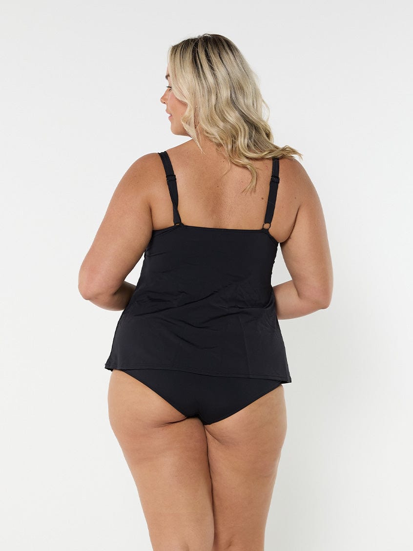 model showing back of black tank tankini top