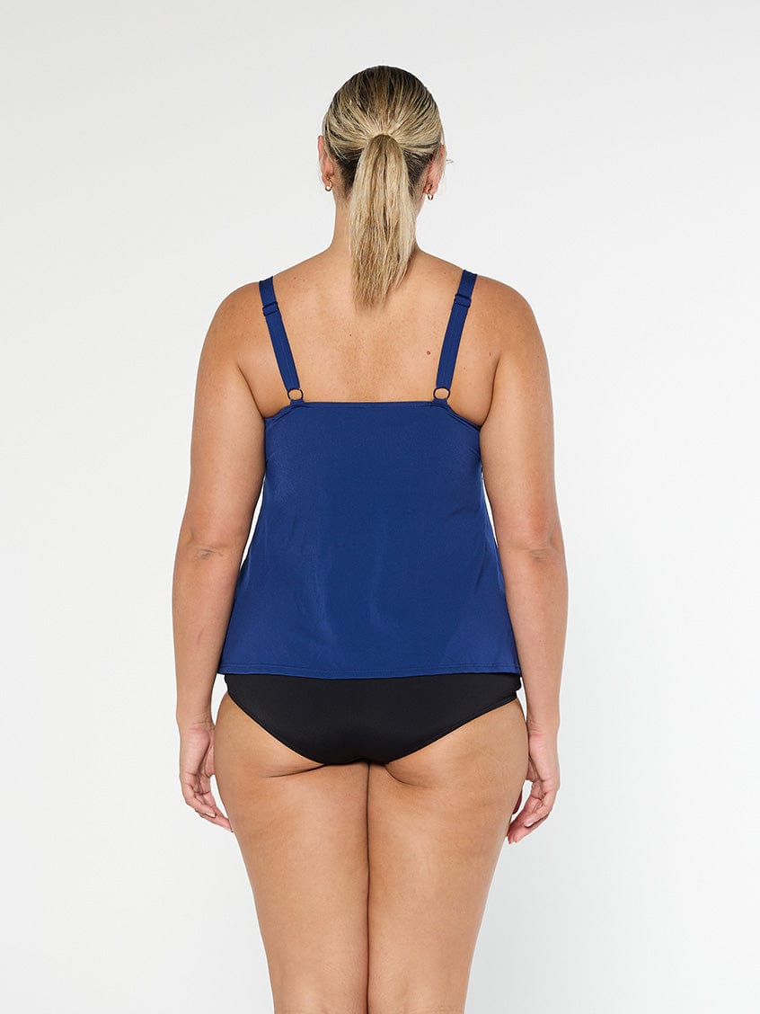 model showing back of navy chlorine resistant tankini