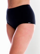 model wearing black high waisted bikini bottoms