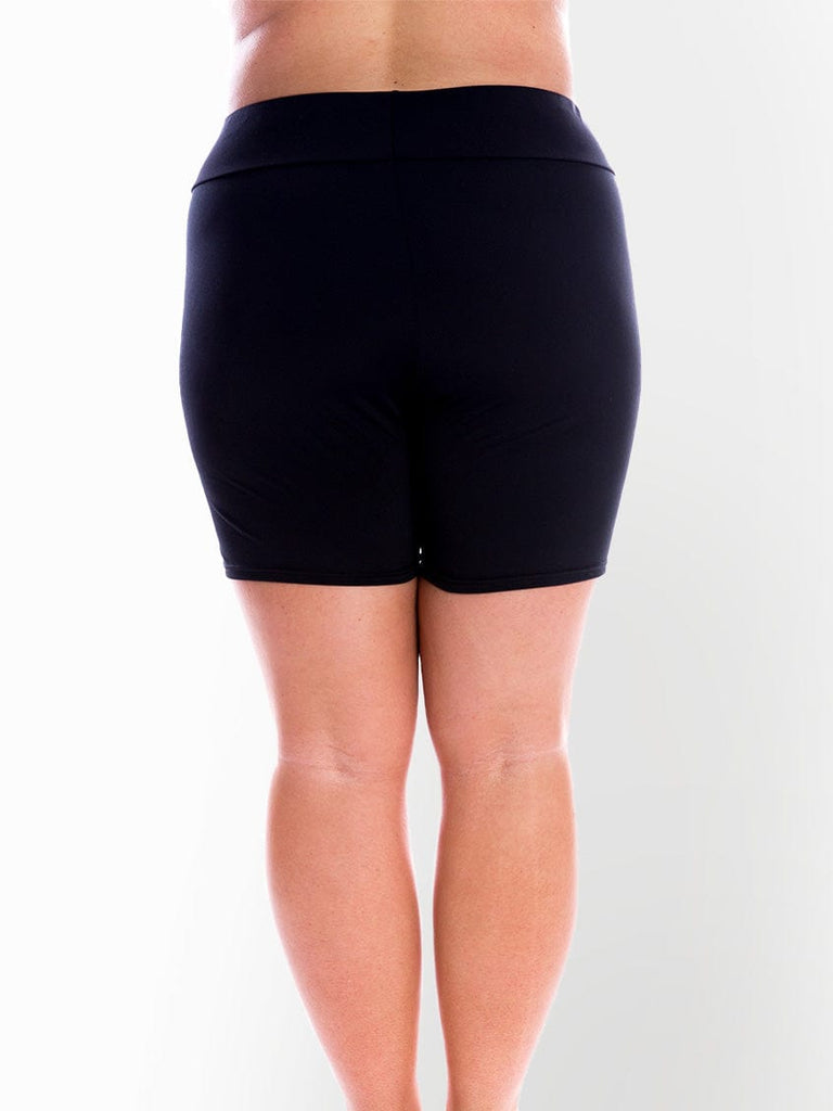 Back of model wearing chlorine resistant swim bottom with waistband 