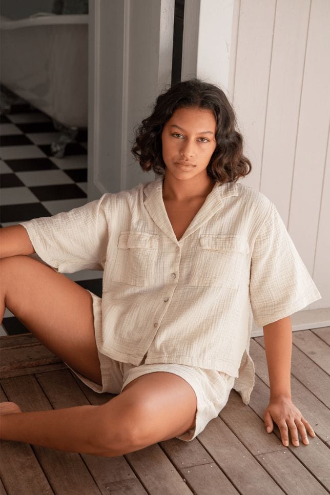 Model wearing Cream Button Up Short Pyjama Set 