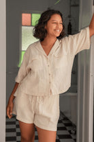 Model wearing Cream Button Up Short Pyjama Set 
