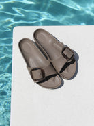 grey taupe slide on sandals