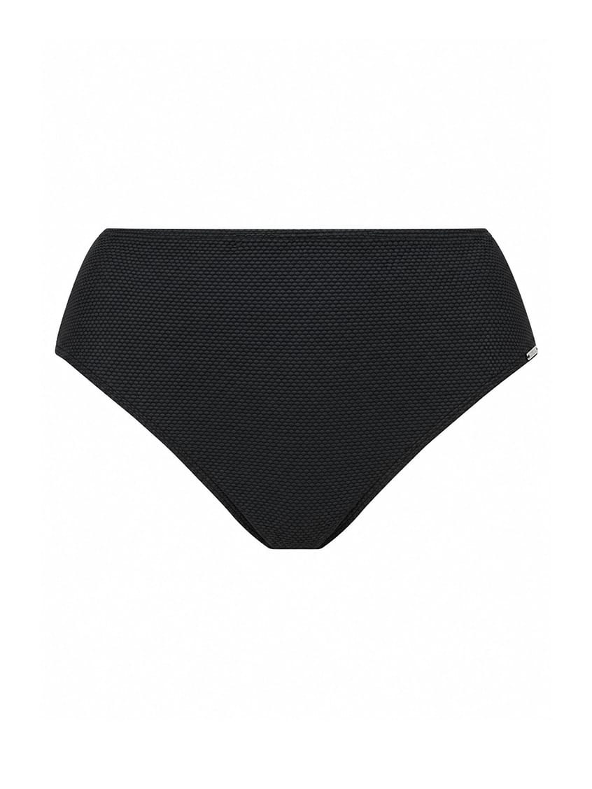 Black textured bikini bottom with a small white brand tag on the right side, shown flat against a solid white background.