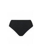 Black textured bikini bottom with a subtle woven pattern, shown flat against a solid white background.