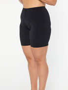 model wearing black swim bike pant