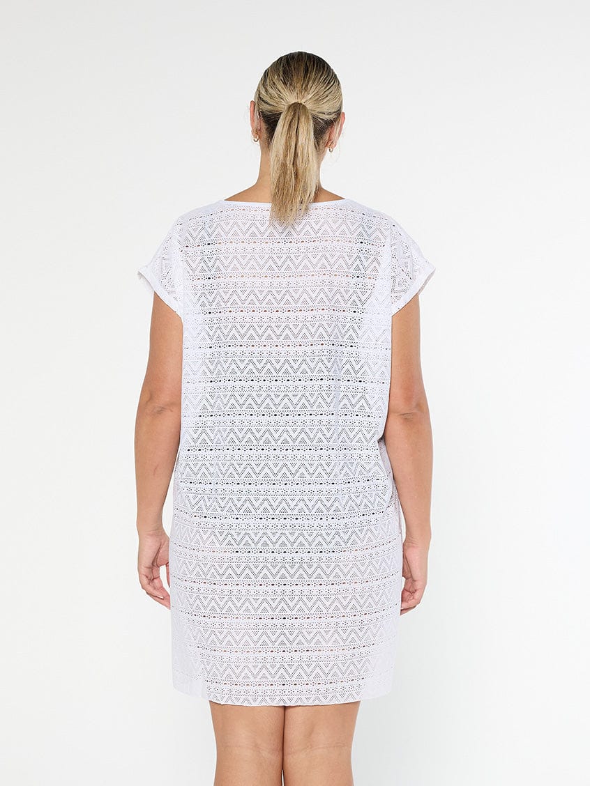 model showing back of white mesh beach dress