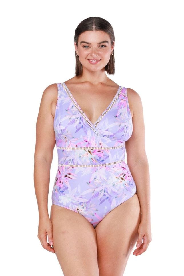 lilac floral v neck one piece