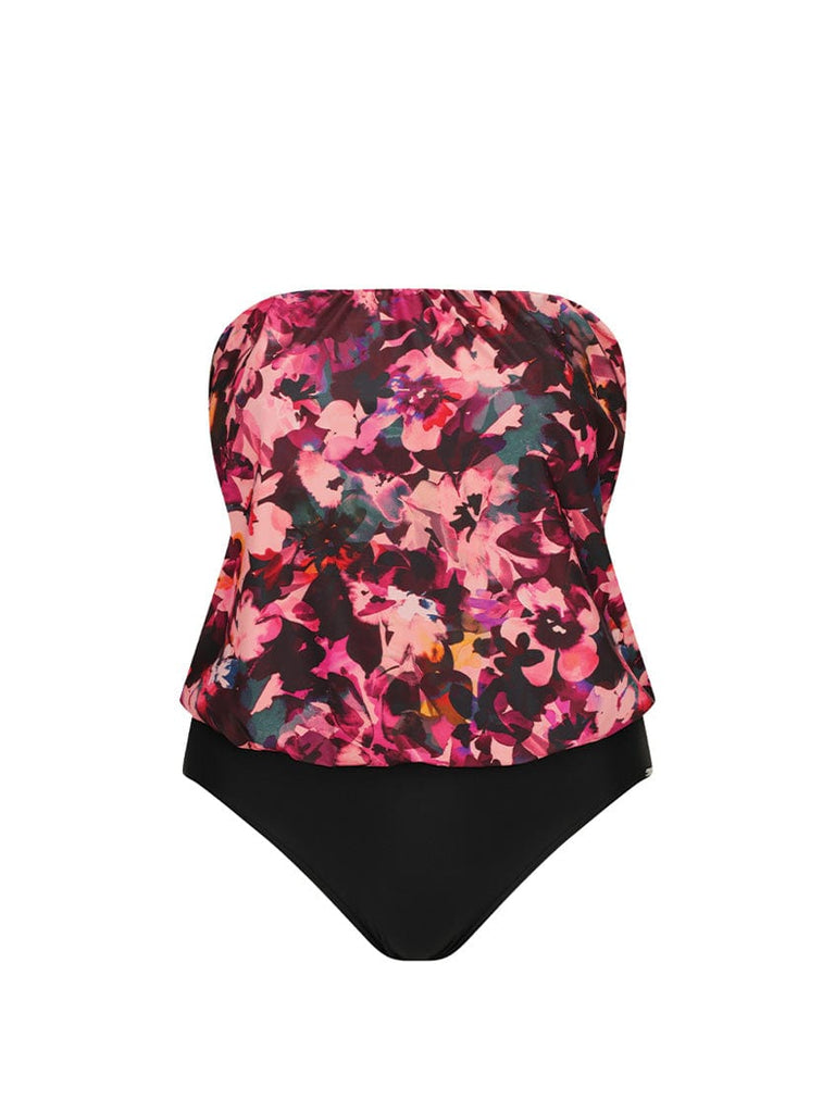 pink floral flouncy strapless swimsuit