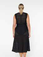 model showing back of black mesh maxi dress