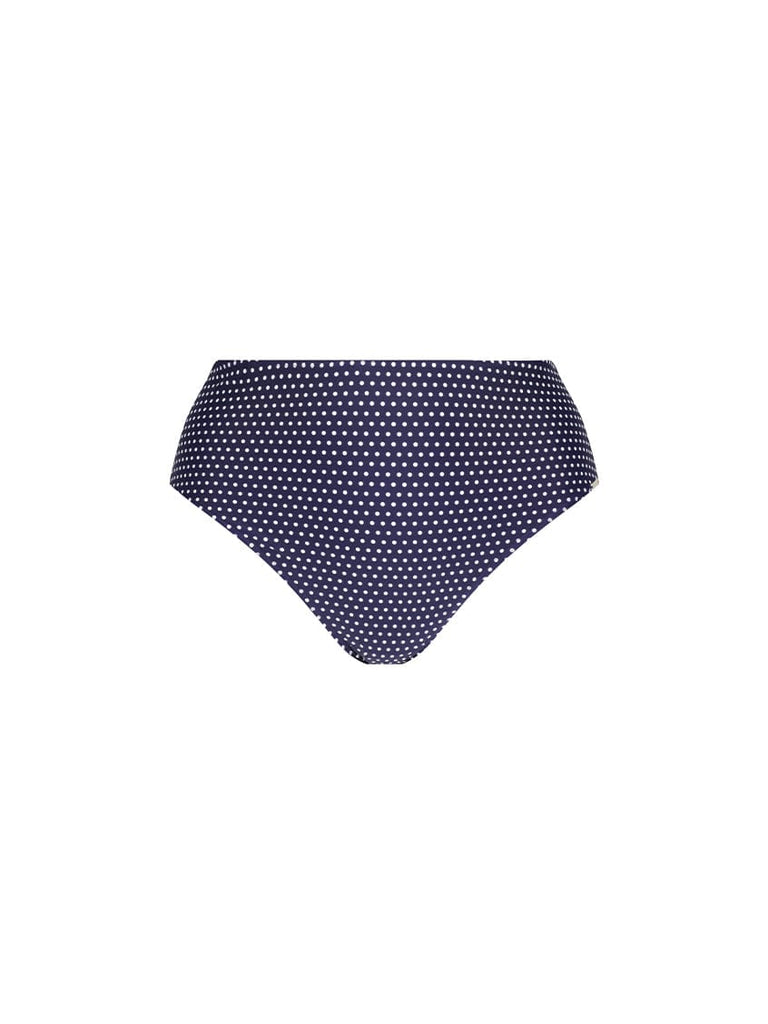 Navy blue bikini bottom with white polka dots on a white background
