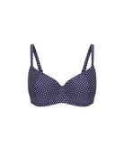 Navy blue bikini top with white polka dots