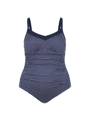 Chlorine Resistant Navy and White Dots V Neck Underwire One Piece
