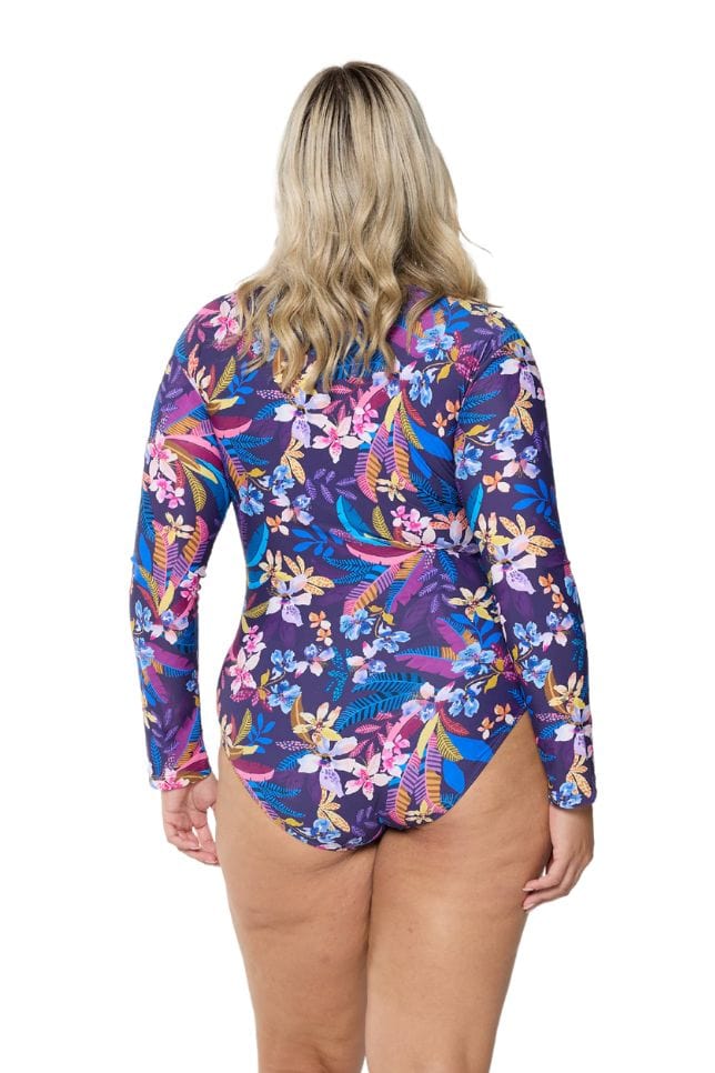 model showing back of navy floral long sleeve full coverage one piece