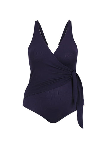 Navy Honey Comb Wrap Waist Tie One Piece