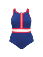 navy and red zip front sporty swimsuit