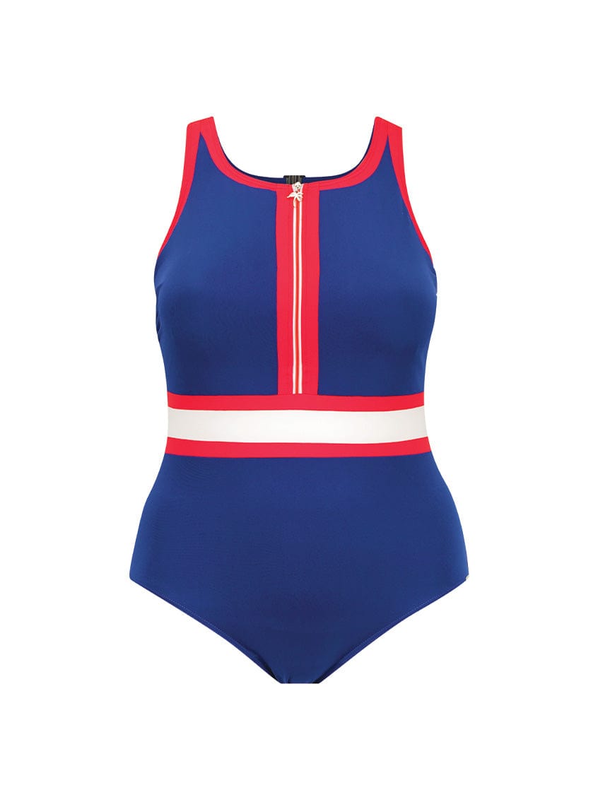 navy and red zip front sporty swimsuit