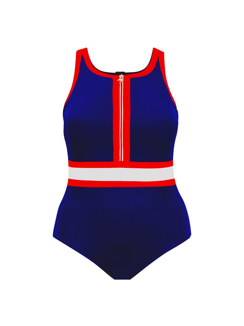 A one-piece swimsuit with a royal blue base, featuring red trim and a white horizontal stripe across the waist, with a white zipper running down the center chest.