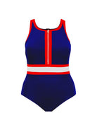 A one-piece swimsuit with a royal blue base, featuring red trim and a white horizontal stripe across the waist, with a white zipper running down the center chest.