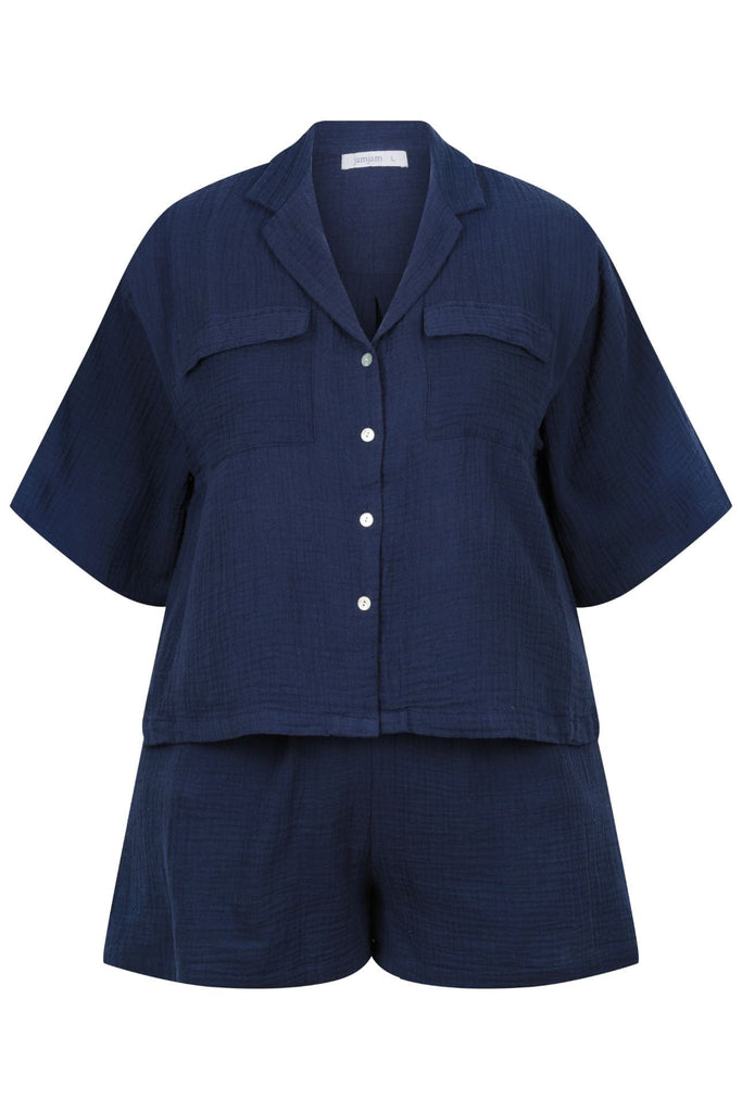 ghost mannequin of navy pj set, short sleeve button through top with matching short