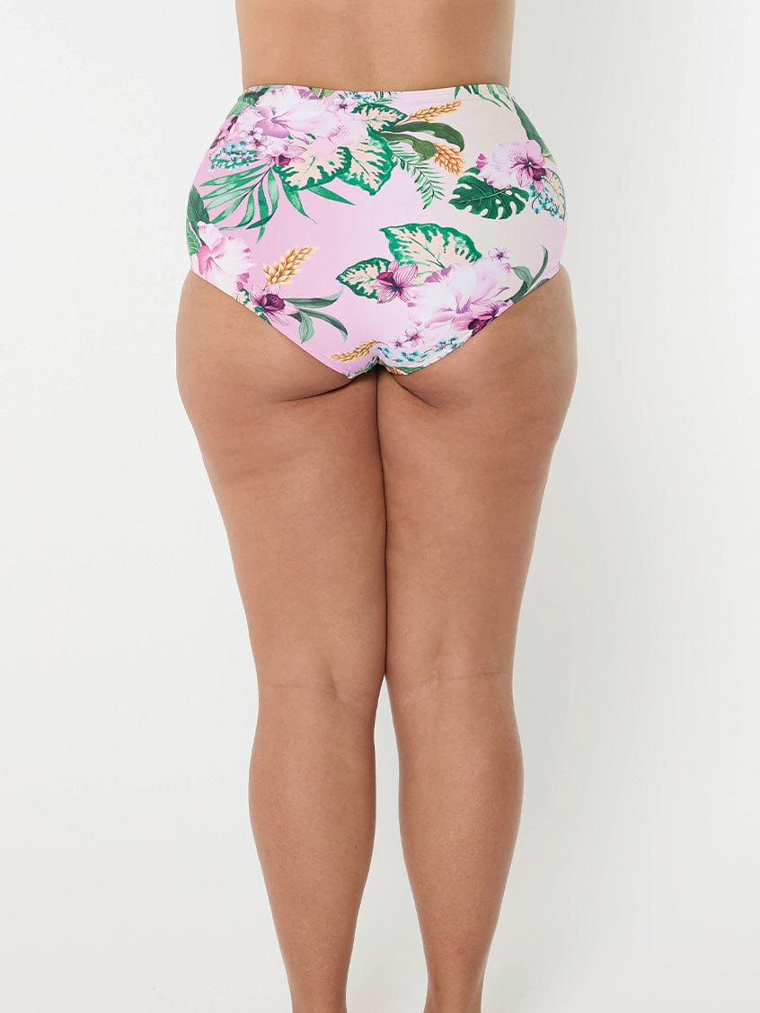 model showing back of light pink floral bikini bottom
