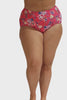 Model wearing hot pink floral high waisted swim bottoms