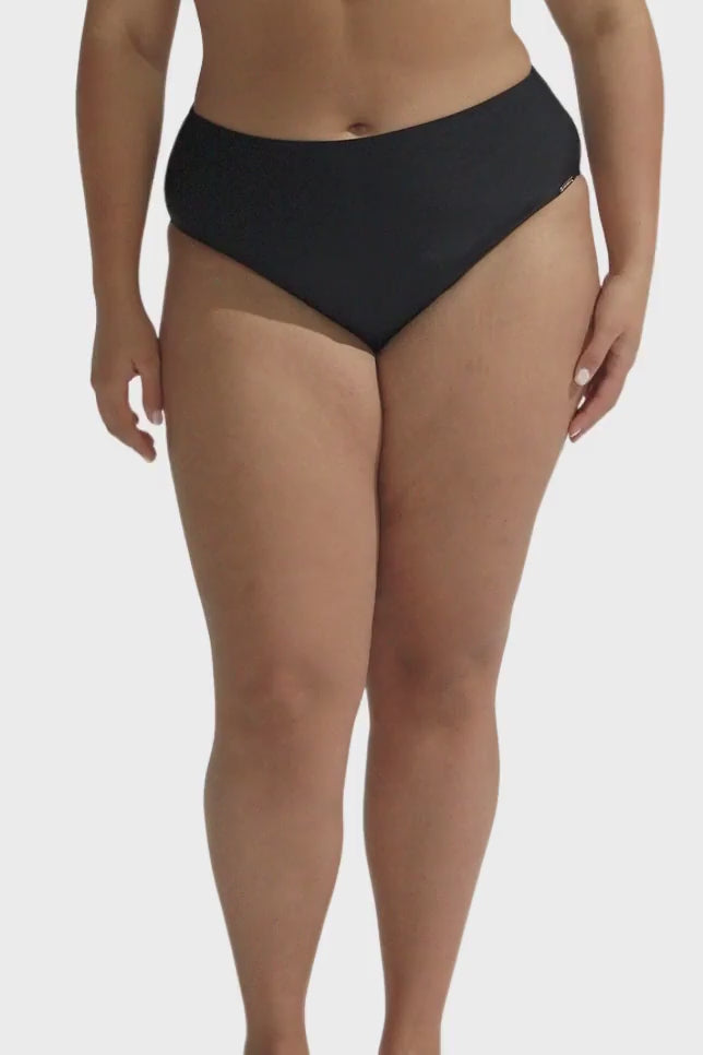 model wearing black high rise bikini bottoms