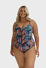 Model wearing blue-grey tropical print 3 tier one piece