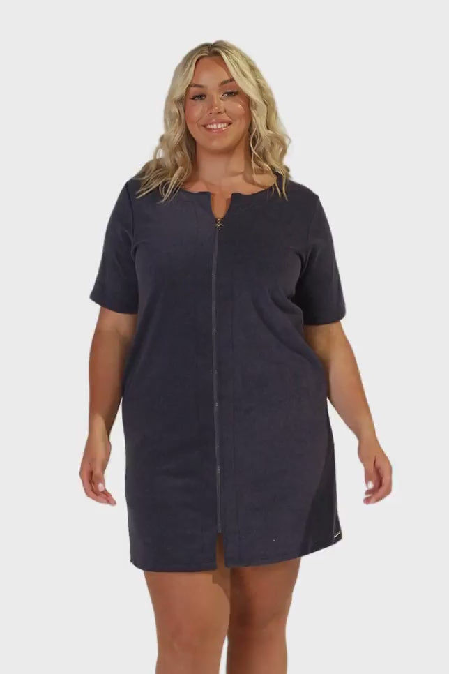 model wearing navy terry towelling dress