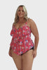 Model wearing hot pink floral three tier tankini top and black bottoms
