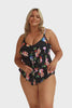 Model wearing black floral three tier tankini