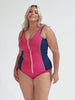 model wearing hot pink high waisted pant and matching tankini top