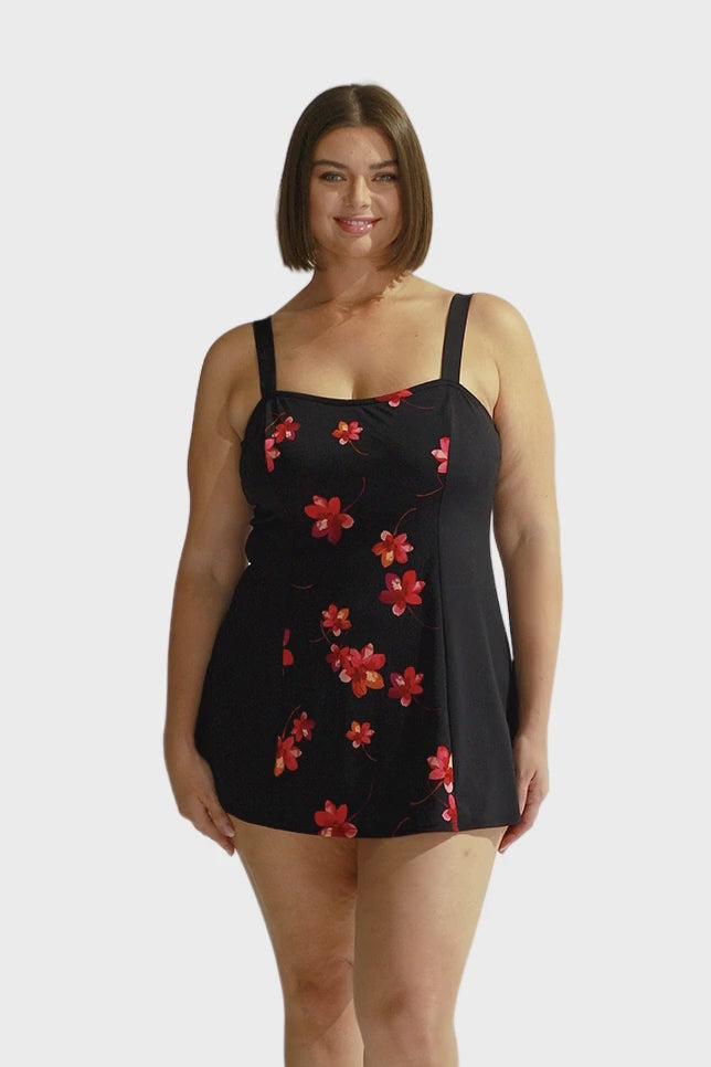 black and pink floral chlorine resistant panelled swim dress with no swim pant