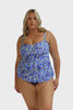 Model wearing blue floral tiered tankini top