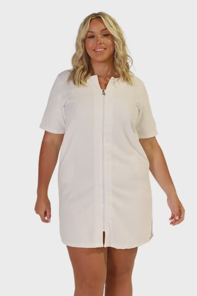 model wearing white terry towelling dress