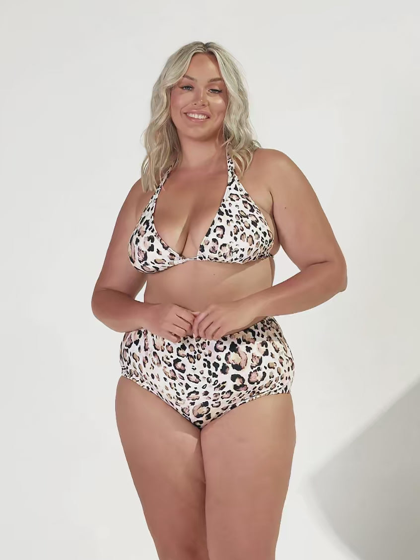 model wearing leopard print triangle bikini top and matching bottoms