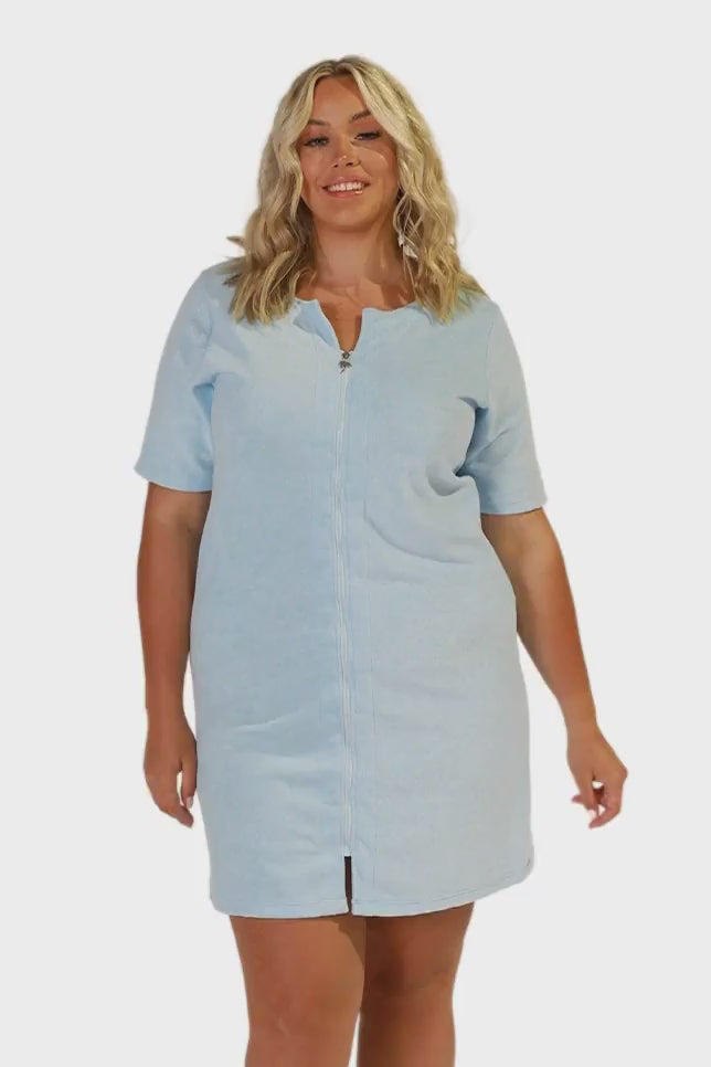 model wearing light blue terry towelling cover dress