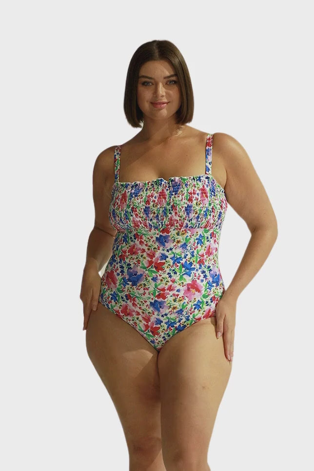Womens pink and blue floral one piece with shirred and removable straps